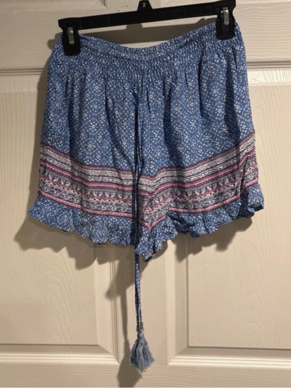Blue Printed High-Waist Smocked Women’s Shorts with Tassel